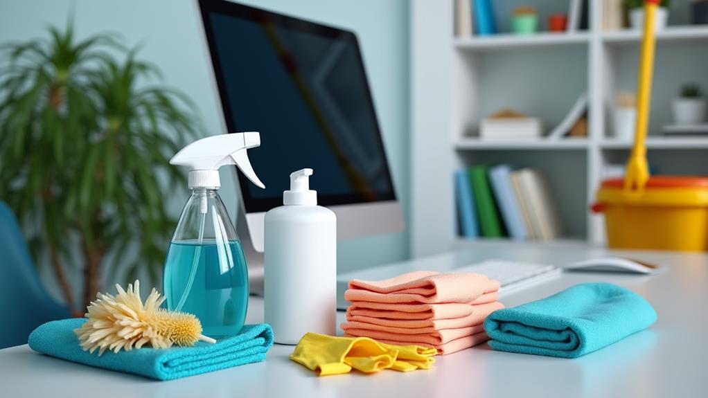 Cleaning supplies on a desk, emphasizing the importance of a clean workspace.