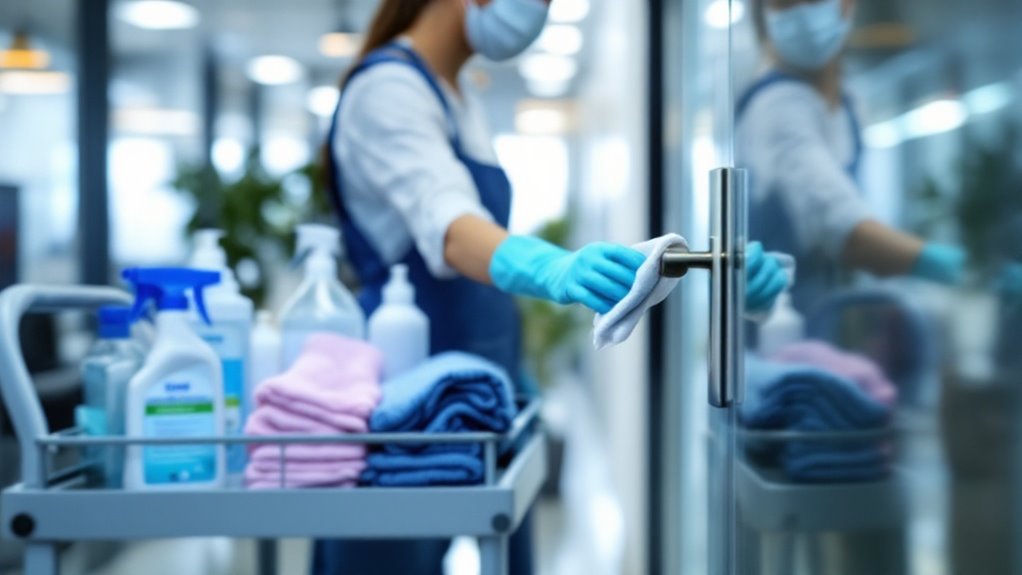 A person cleaning a surface with disinfectant.
