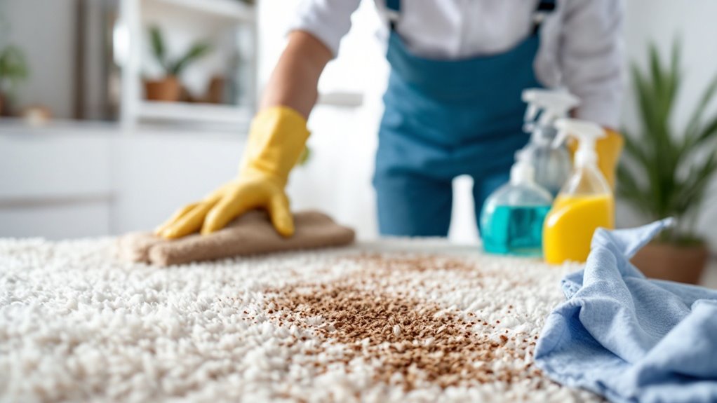 Cleaning a stained carpet.